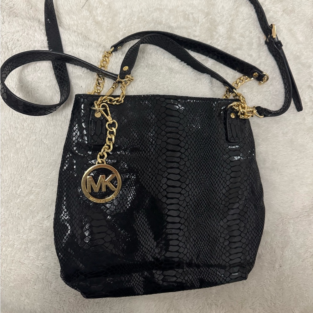 Michael Kors Black and‎ Gold Snake-Pattern Shoulder Bag